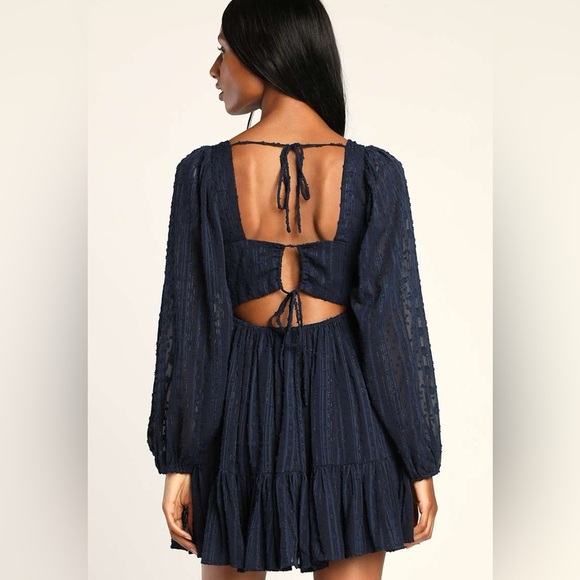 NWT LULUS Only You and I Navy Blue Long Sleeve Tie-Back Mini Skater Dress M - Picture 2 of 10